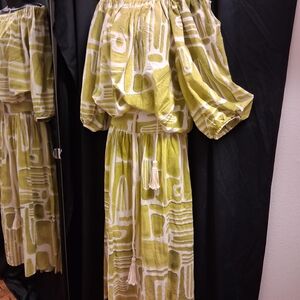 Christian Siriano Olive Patterned Off-Shoulder Top/Skirt Maxi Dress